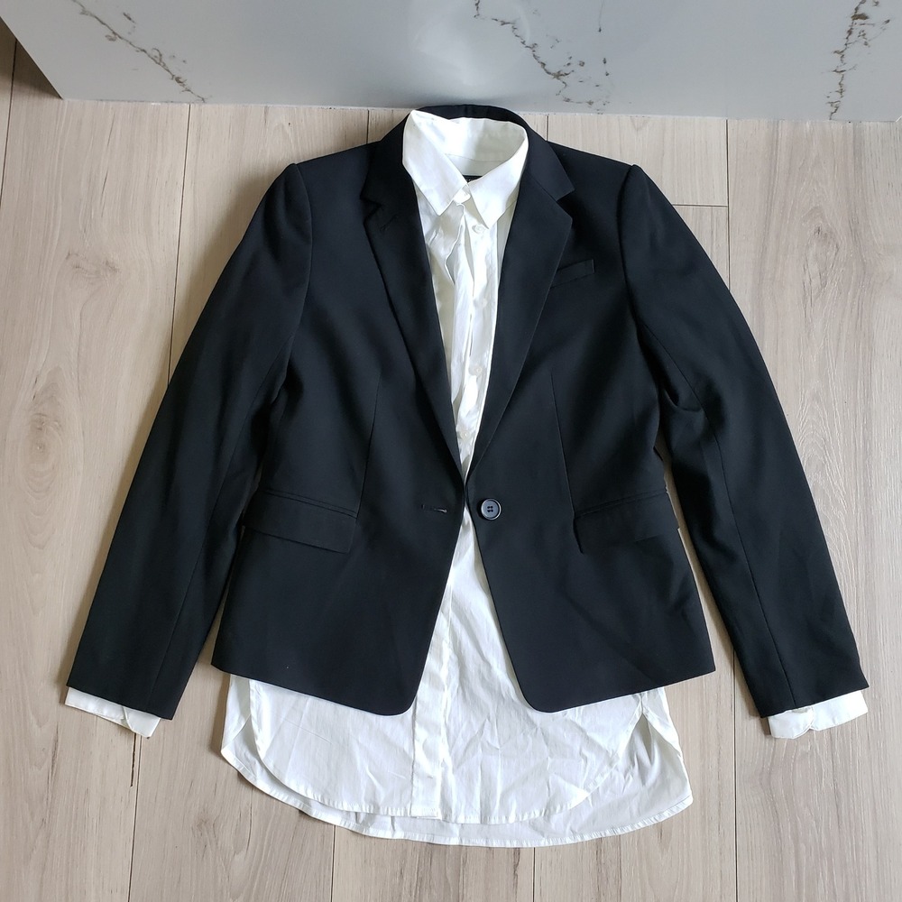 Ann Taylor Blazer Shirt Set Womens 00P XS Black White Workwear Suit